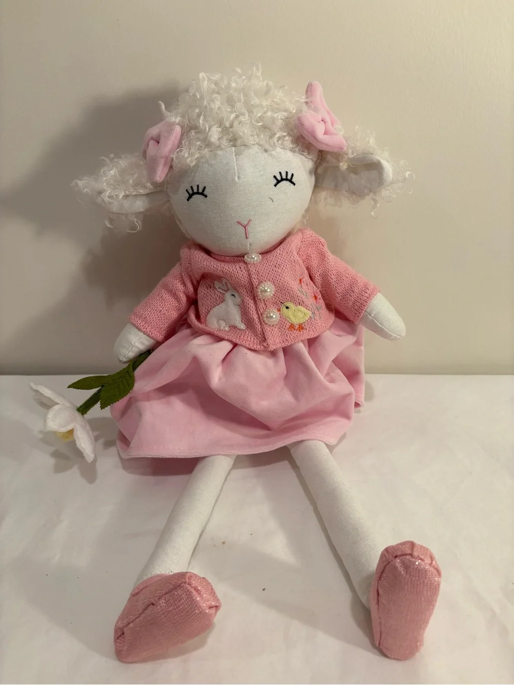 Soft Pink Lamb Plush Doll with Embroidered Bunny and Chick